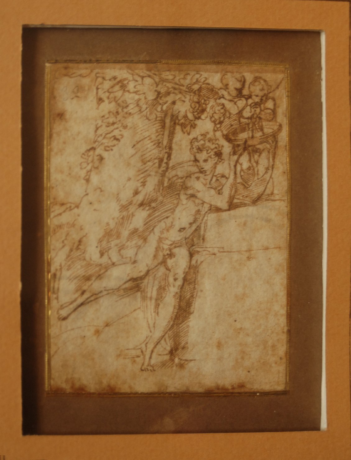 Bacco giovane con due putti che spremono l'uva nella sua coppa (disegno, op